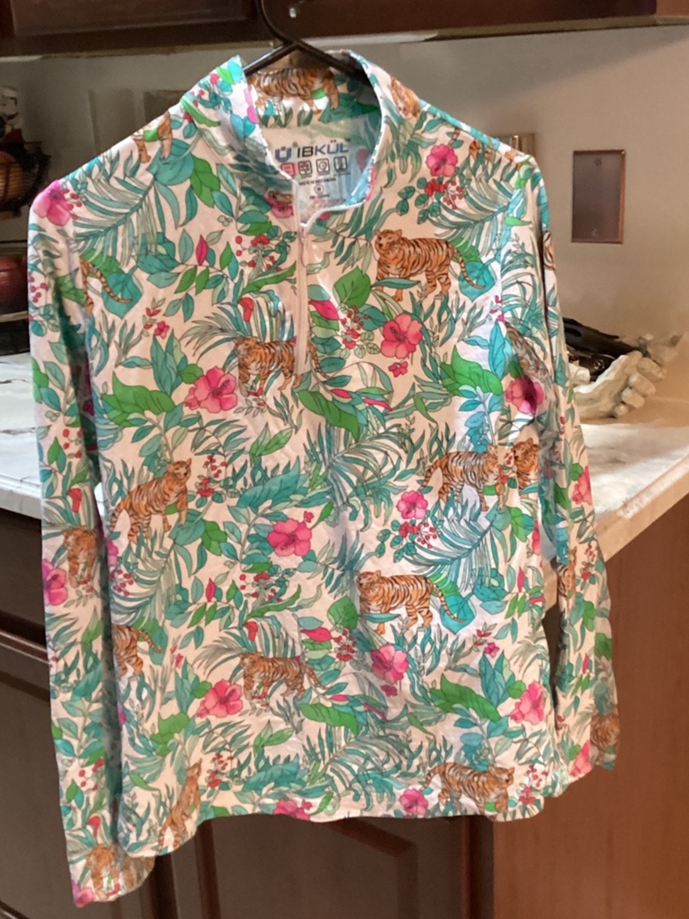 IBKUL Long Sleeve Zip Top with Tropical Tiger & Floral Print - White/Multi